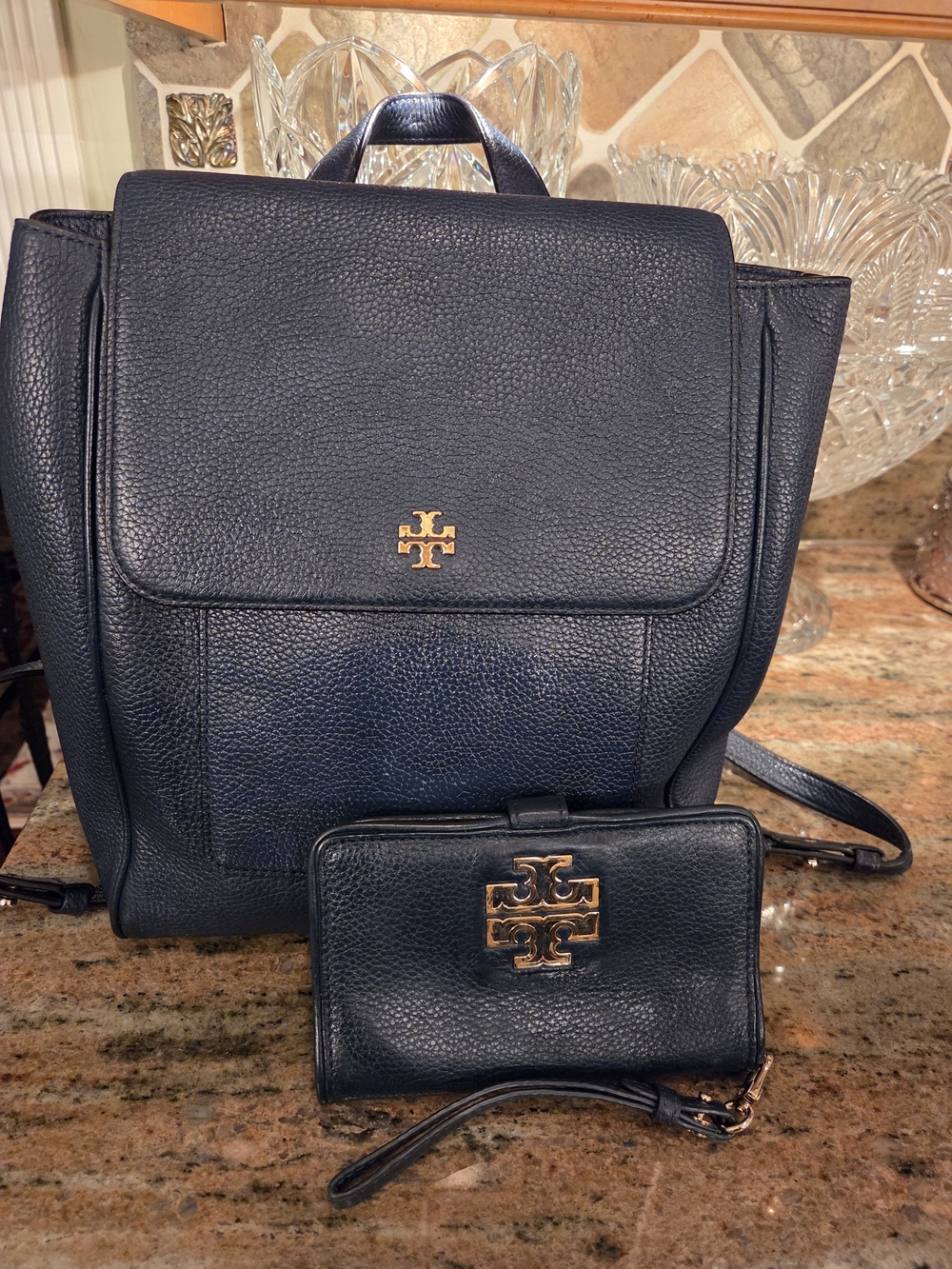 Tory Burch Navy Pebbled Leather Backpack & Wristlet Set